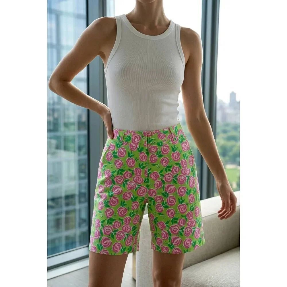 🔹️Key West Lime Green & Pink Rose Print Bermuda Shorts Size 6